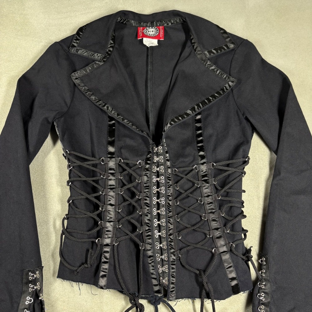 Vintage Redballs On Fire Pirate Coat Black Gothic Corset Lace Up Jacket Medium - Picture 2 of 7